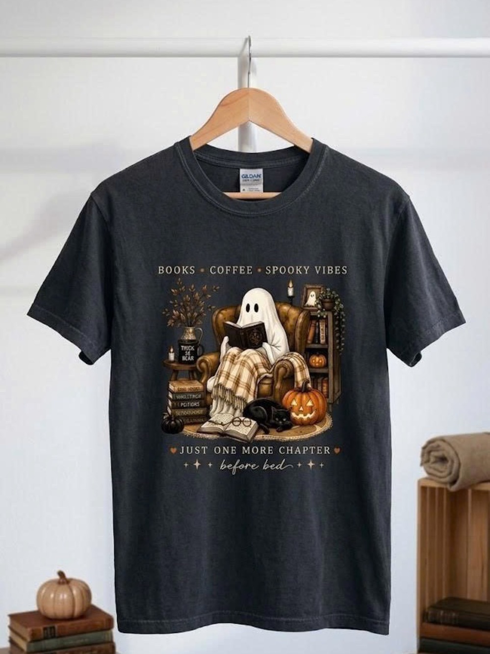 Books Coffee Spooky Vibes Cozy Ghost Reading Graphic T-Shirt Bookish Fall Tee
